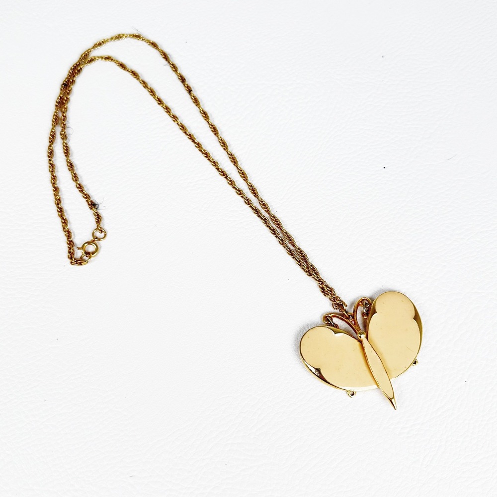 Vintage Gold Tone Enamel Butterfly‎ Necklace Movable Ivory Pendant 24" Chain